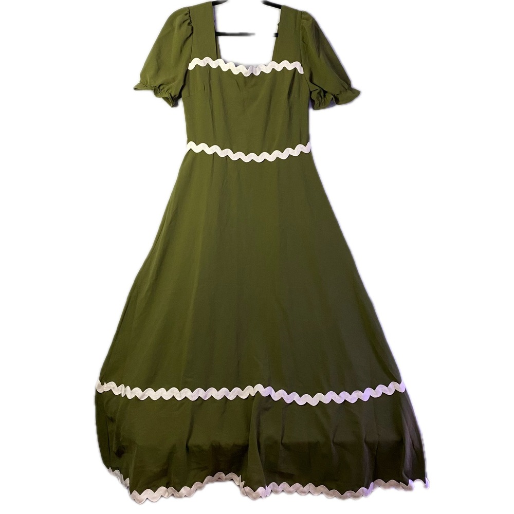 BTFBM Maxi Dress Women Medium Green Ric Rac Trim Smocked‎ Puff Sleeve white